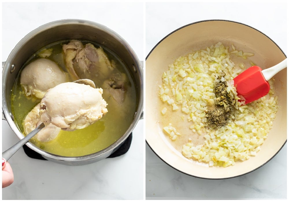 A pot of cooked chicken thighs in broth next to a skillet of onions and seasonings.