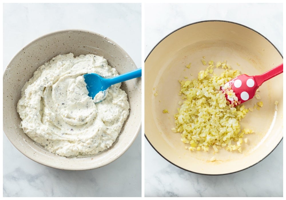A bowl of herb Ricotta next to a skillet of sauteed onions and garlic.