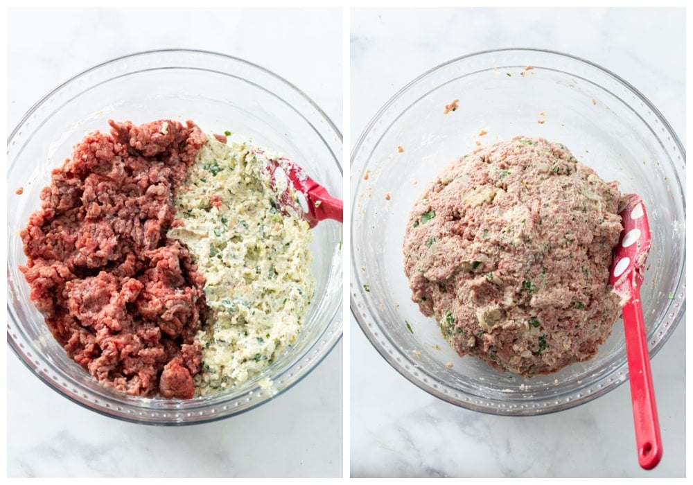 Combining meatballs with a ricotta panade in a large glass bowl.