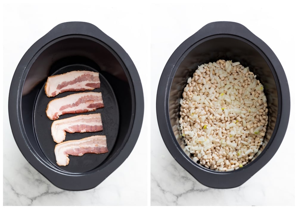 Layering bacon and pinto beans in the crock pot to make Baked Beans
