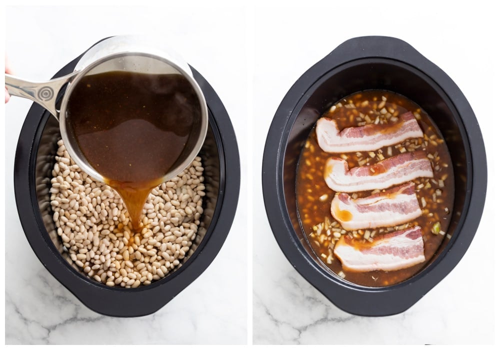 Adding liquid and uncooked bacon to pinto beans in a crock pot.