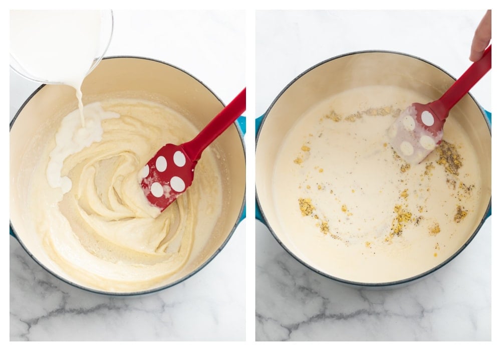 Making a roux and cream sauce with seasonings for Baked Mac and Cheese.