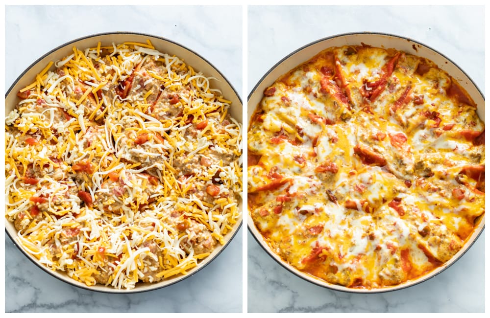Taco Stuffed Shells in a baking dish before and after beking.