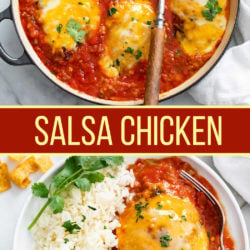 Salsa Chicken in a skillet and on a plate.