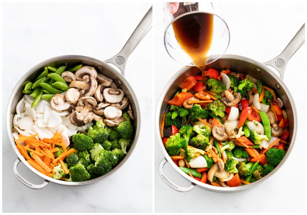 Vegetables in a skillet with sauce being added for beef stir fry.