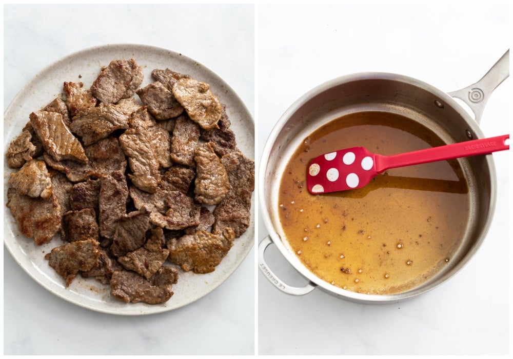 Seared beef on a plate next to a skillet with wine to deglaze the pan.