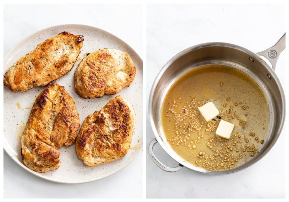 Seared chicken on a plate next to a skillet with reduced wine, garlic and butter.