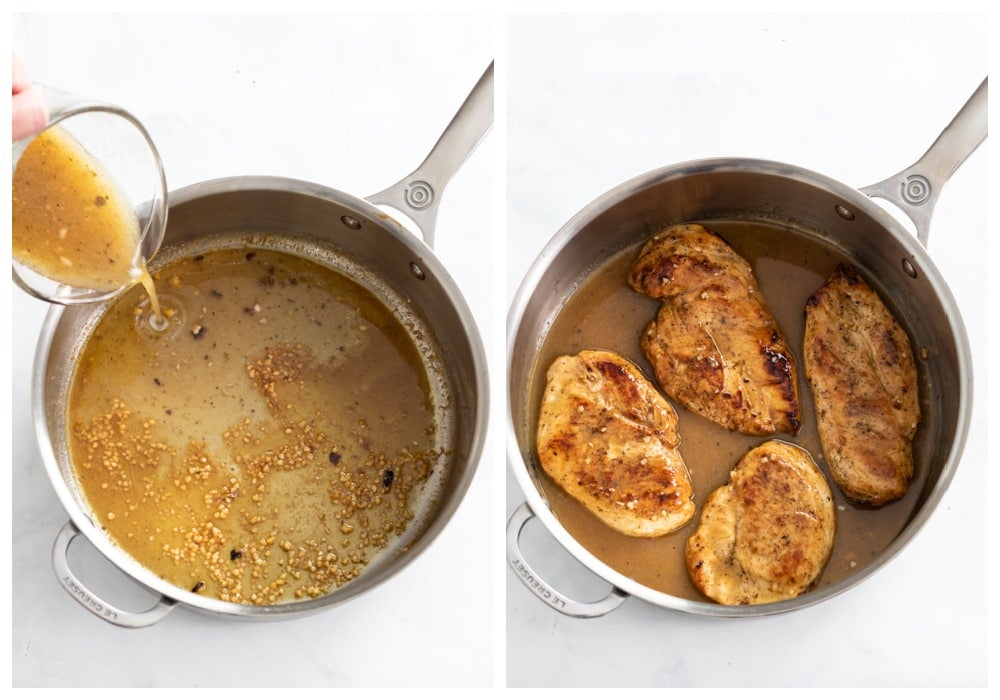 Making sauce for Greek Chicken and adding seared chicken to the skillet.