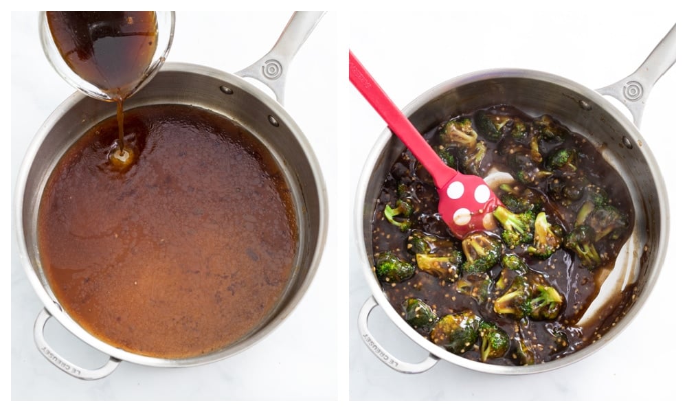 A skillet filled with brown sauce with broccoli being added.
