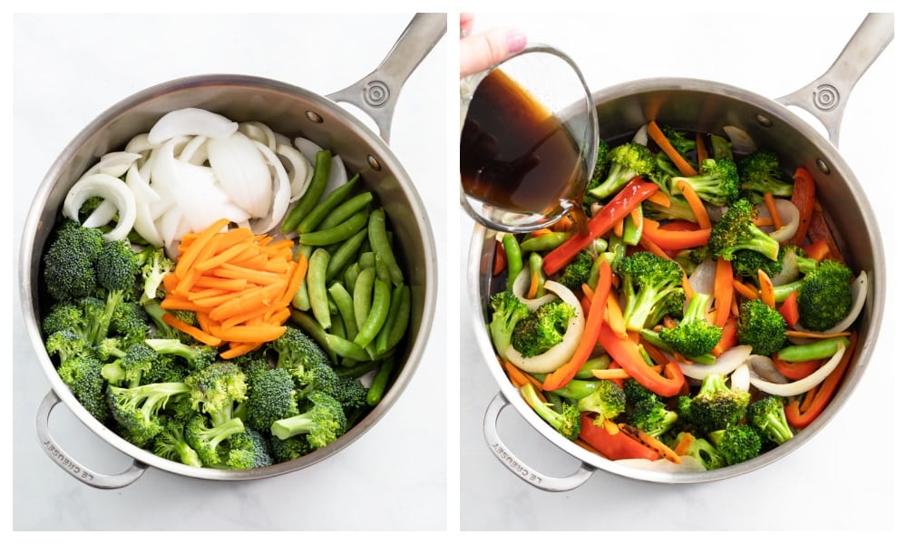 Making shrimp stir fry in a skillet with vegetables and brown sauce.