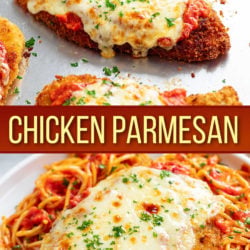 A collage of Chicken Parmesan on a baking sheet and with spaghetti and garlic bread.