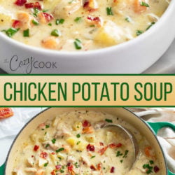 A collage of chicken potato soup in a soup pot and in a white soup bowl.