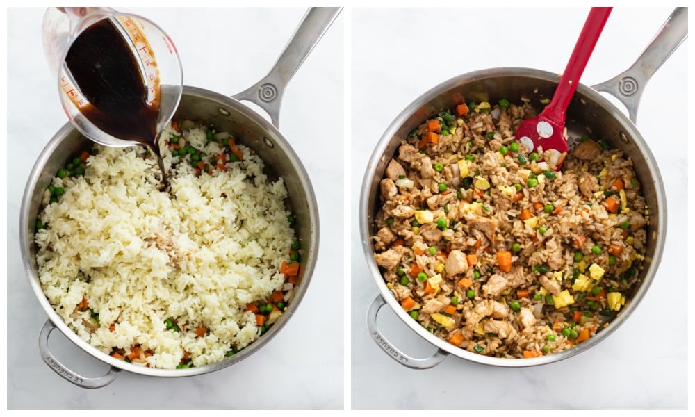 Adding rice to a skillet and adding sauce to make Chicken Fried Rice.