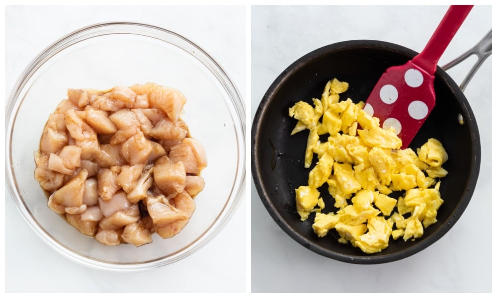 Cuts of chicken breast marinating in a bowl next to a skillet of scrambled eggs.