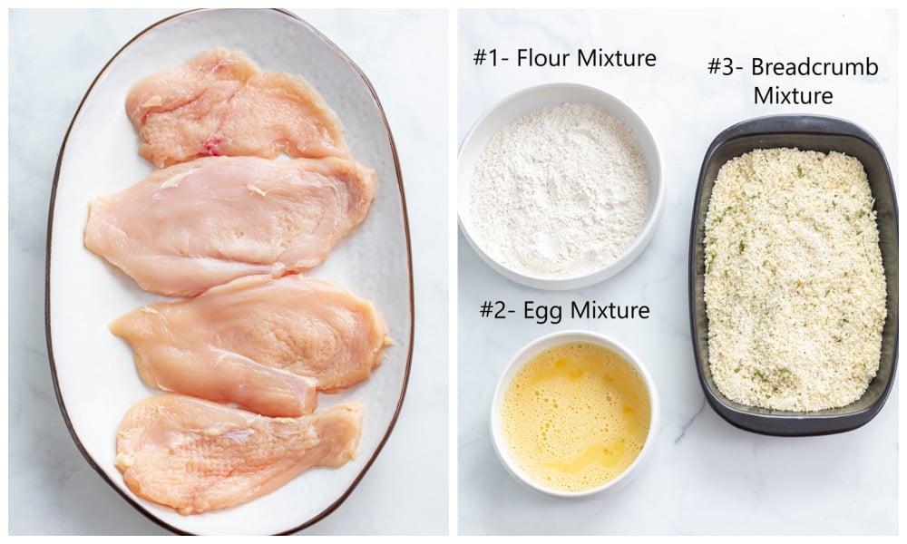 Sliced and uncooked chicken breast next to ingredients for breading it.