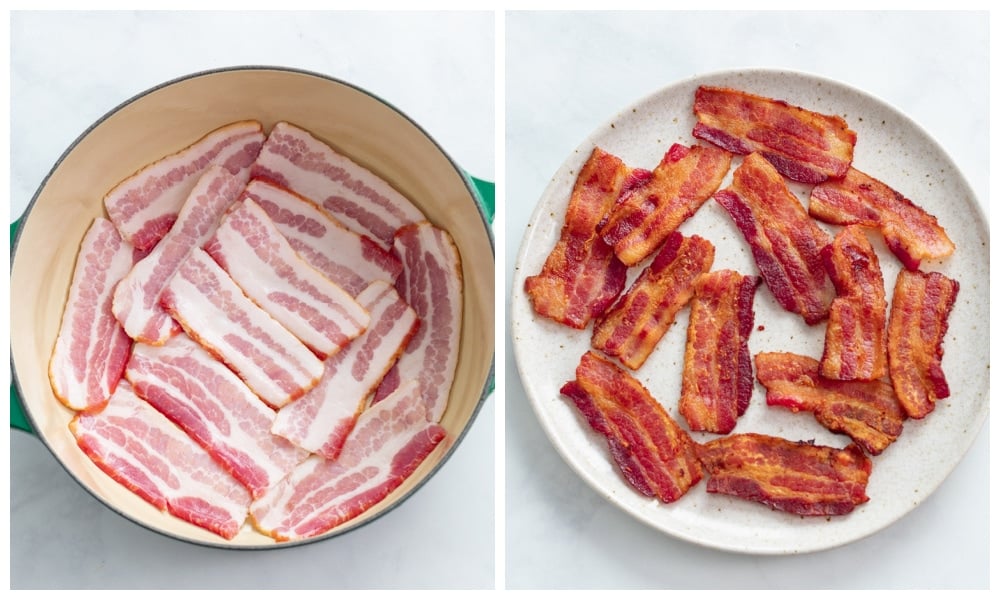 Raw bacon in a pot next to a plate with cooked bacon on it.