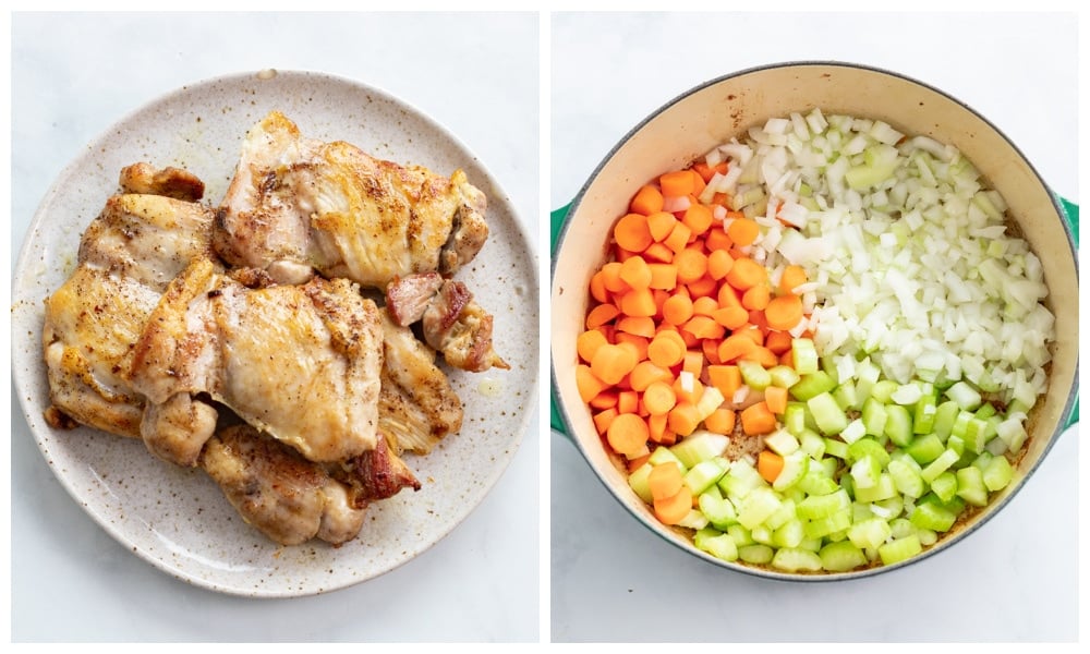 A plate of cooked chicken next to a soup pot with carrots, onions, and celery.