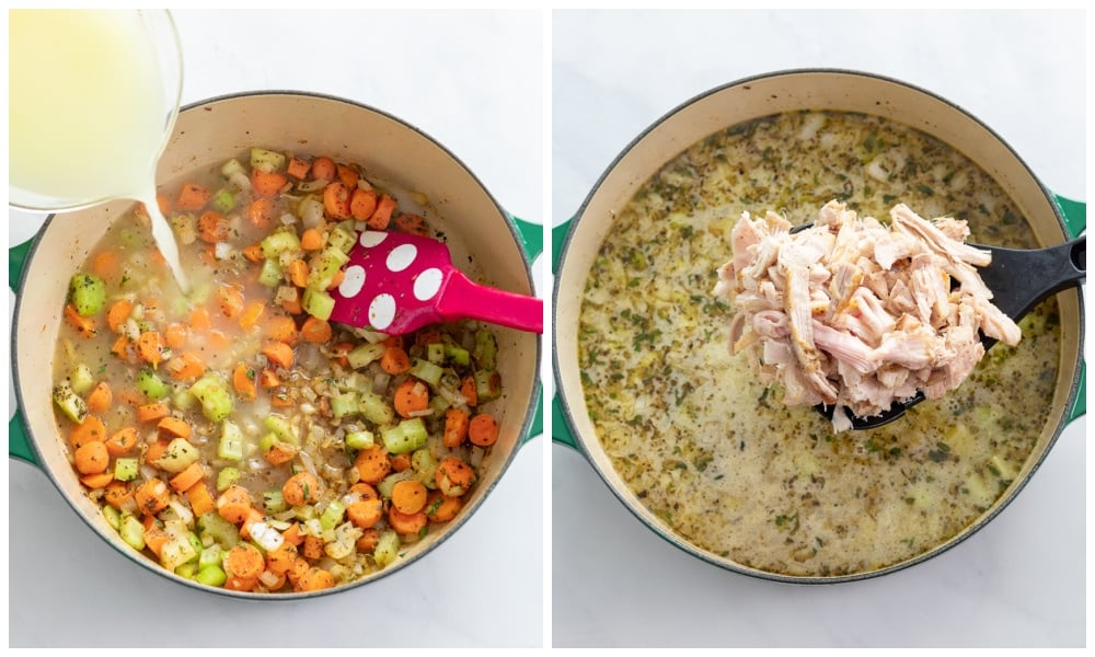 Adding chicken broth and shredded chicken to a pot of chicken vegetable soup.