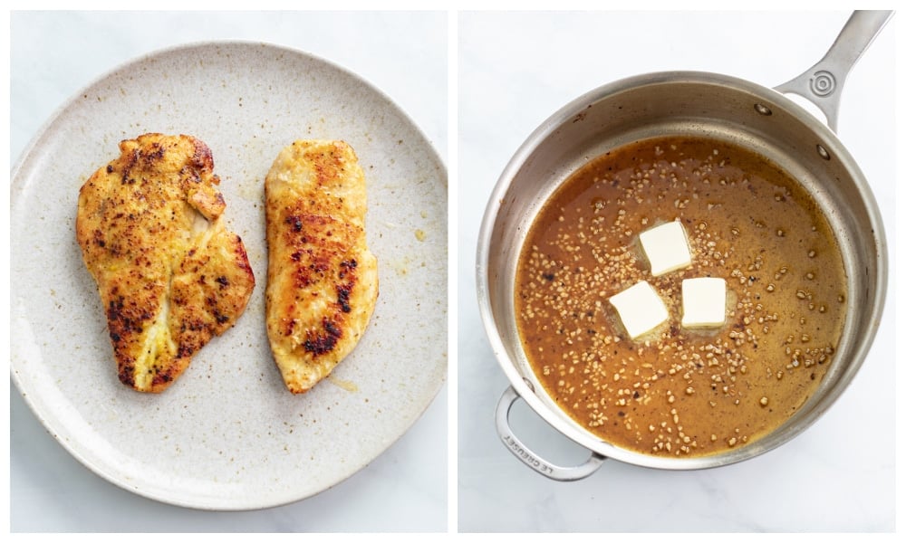 A plate of seared chicken next to a skillet with wine, garlic, and butter.
