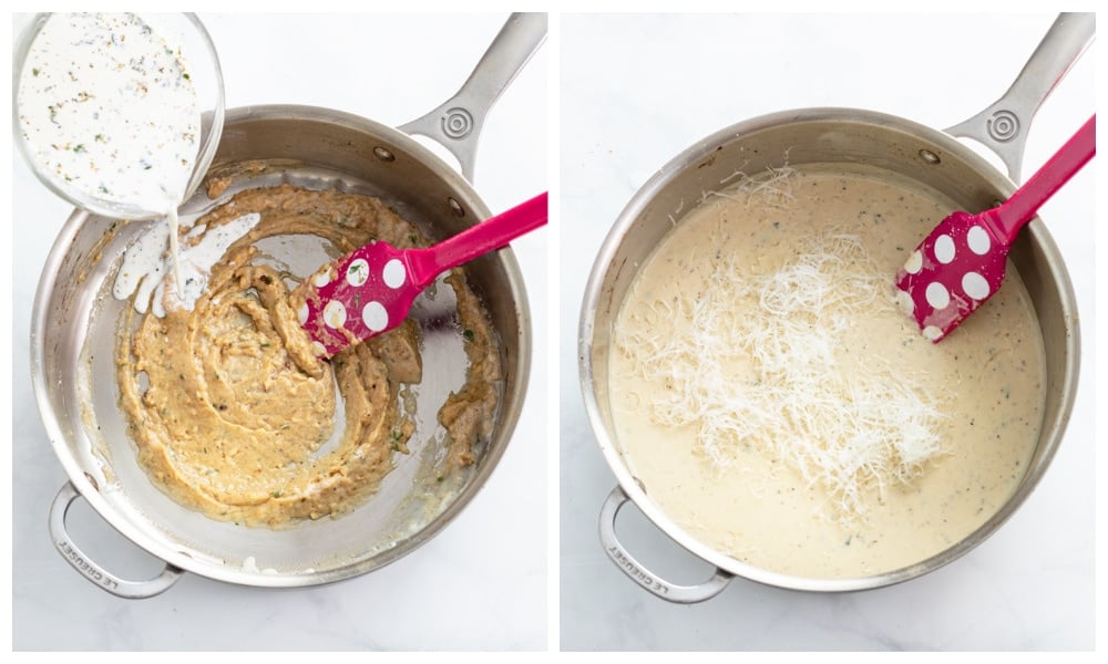 A roux with cream, seasonings, and Parmesan cheese being added.