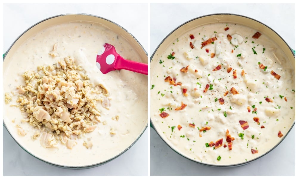 Adding clams and bacon to a soup pot of clam chowder. 