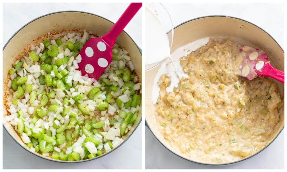 Onions and celery in a soup pot with cream being added.