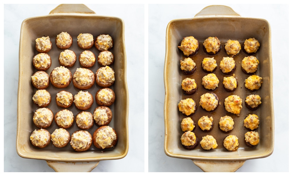 Stuffed Mushrooms in a baking dish before and after baking.