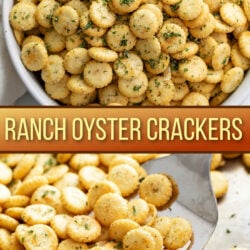 A collage of Oyster Crackers in a bowl and on a baking sheet.