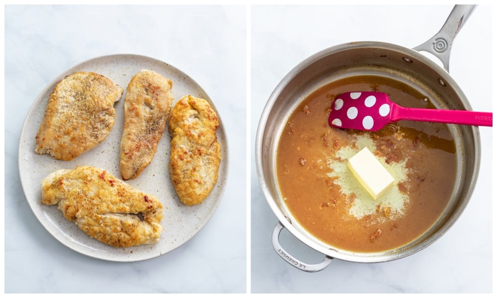 A plate of cooked chicken breasts next to a skillet with wine and melted butter.