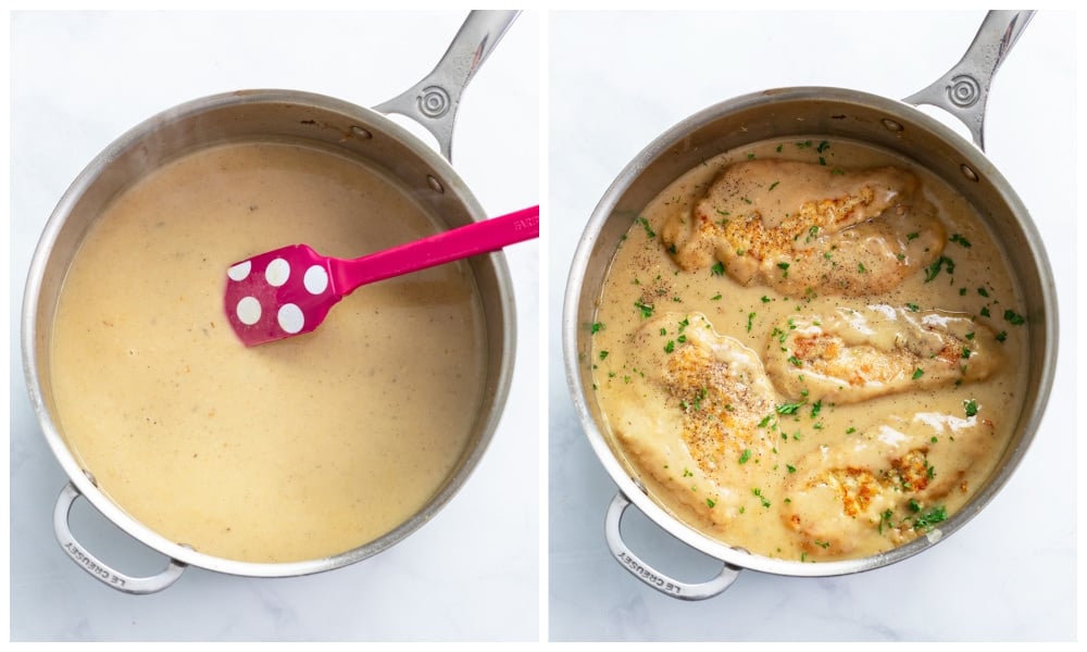 A skillet of gravy with chicken being added to it.