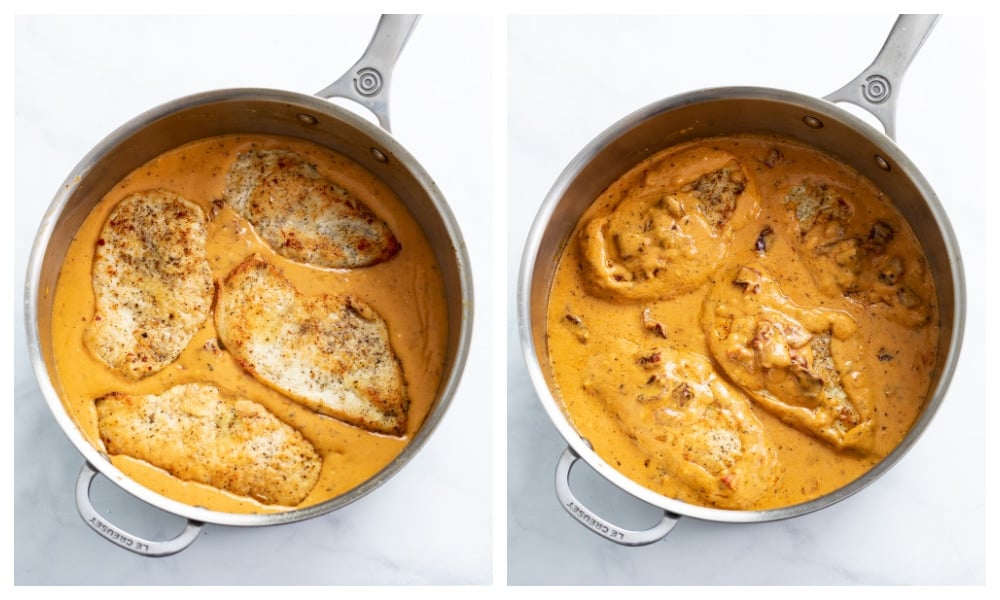 Adding chicken to a skillet of sauce to make Marry Me Chicken.