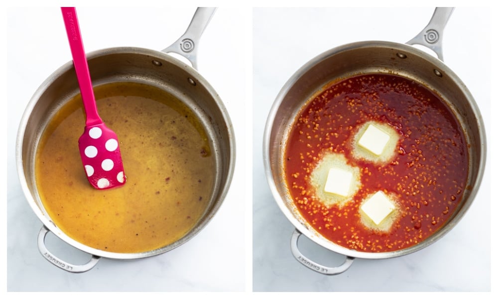 White wine in a skillet next to a skillet with garlic, melted butter, and tomato paste.