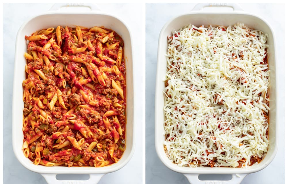 Pizza Pasta in a casserole dish before and after adding mozzarella cheese.