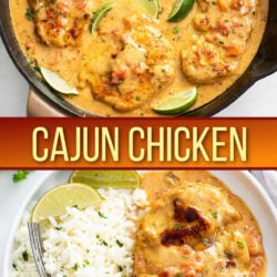 A collage of Cajun Chicken in a skillet and on a white plate.