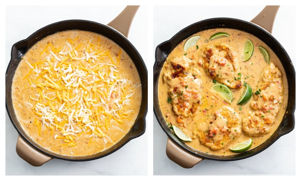 Adding cheese to Cajun Sauce next to a skillet of Cajun Chicken in sauce with tomatoes and limes.