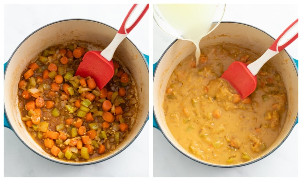 Making Cheeseburger Soup with a pot of vegetables and chicken broth.