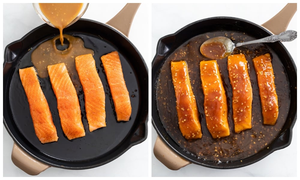 Adding Honey Garlic Sauce to a skillet of Salmon to make a honey glaze.
