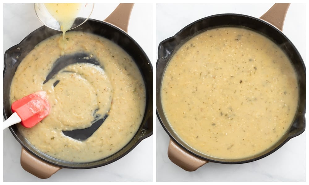 Adding a sauce mixture to a skillet to make Lemon Pepper Chicken.