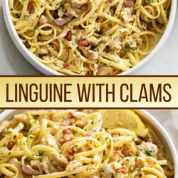 A collage of Linguine with Clams in a white bowl.