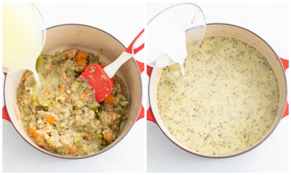 Adding chicken broth and half and half to a pot of creamy chicken soup.