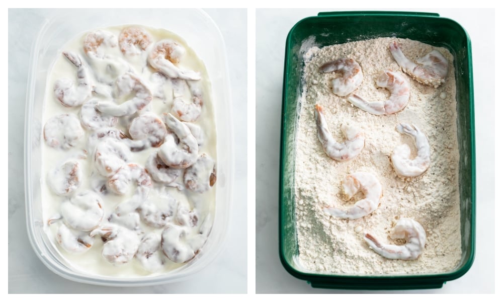 Shrimp in a buttermilk marinade and in a breadcrumb mixture.