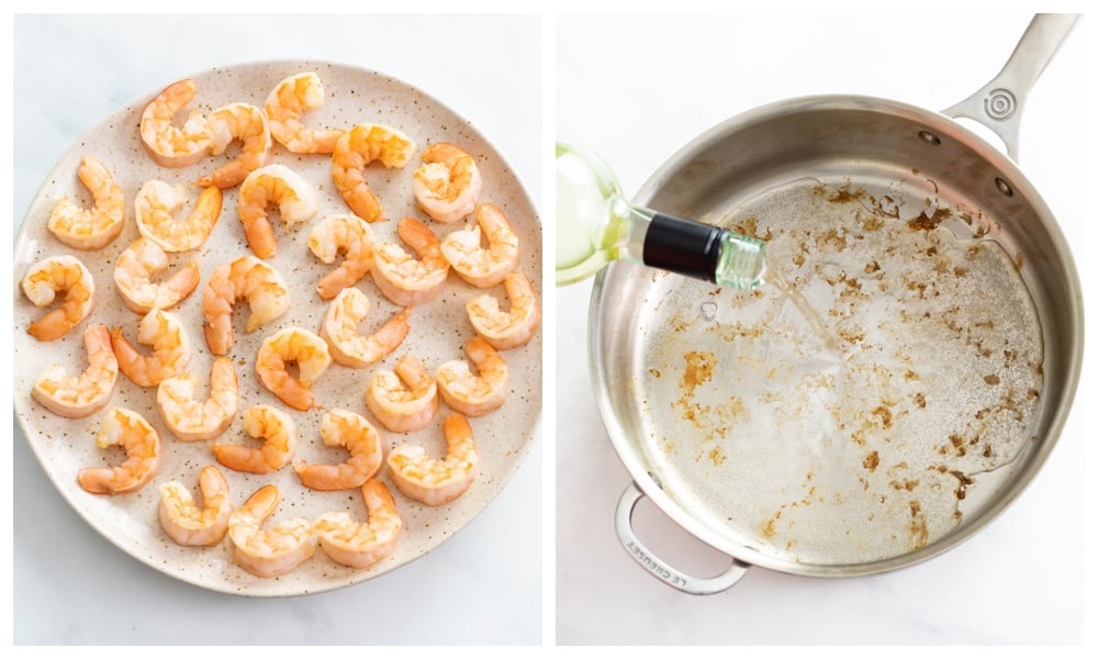 A plate of cooked shrimp next to a skillet being deglazed with white wine.