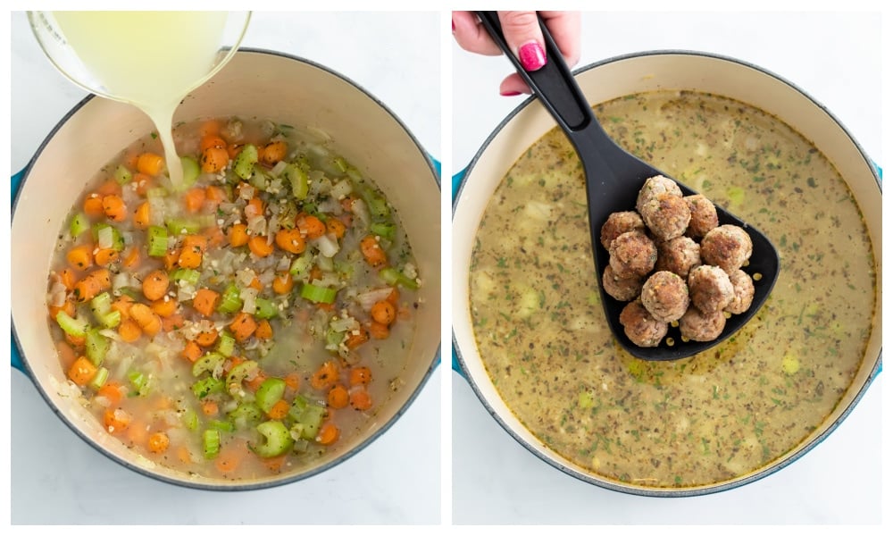 Making Italian Wedding Soup with vegetables, broth, seasoning, and meatballs.