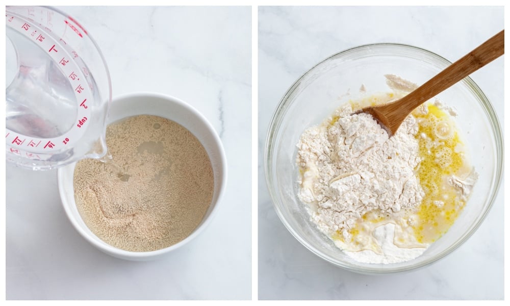 Making dough for no Knead Bread with yeast, sugar, water, oil, and flour.