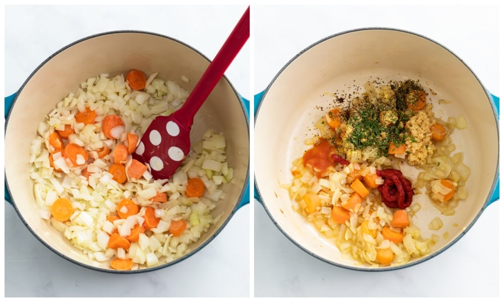 A soup pot with carrots, onions, tomato paste, and seasonings to make soup.