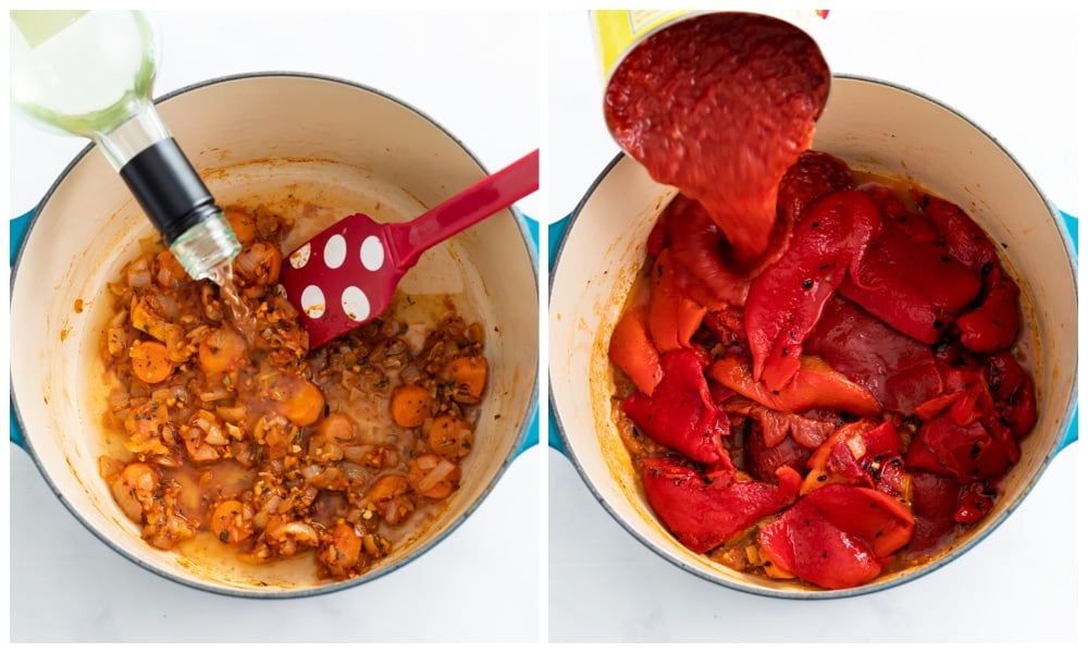 Adding wine, crushed tomatoes, and roasted red peppers to a pot of roasted red pepper soup.