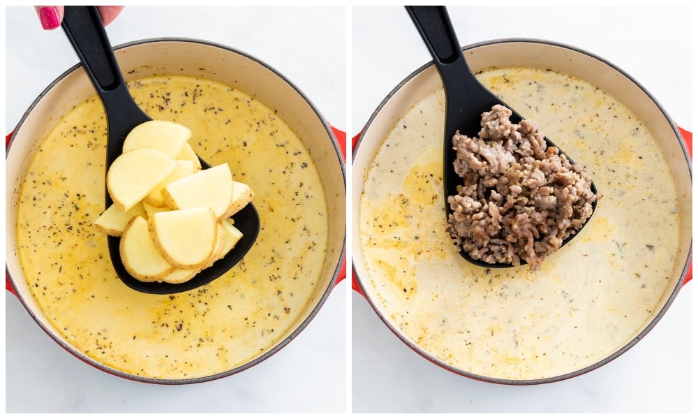 Adding potatoes and cooked sausage to a soup pot with broth.