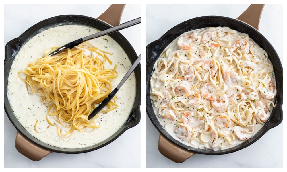 Adding Fettuccine to Alfredo sauce to make Shrimp Alfredo