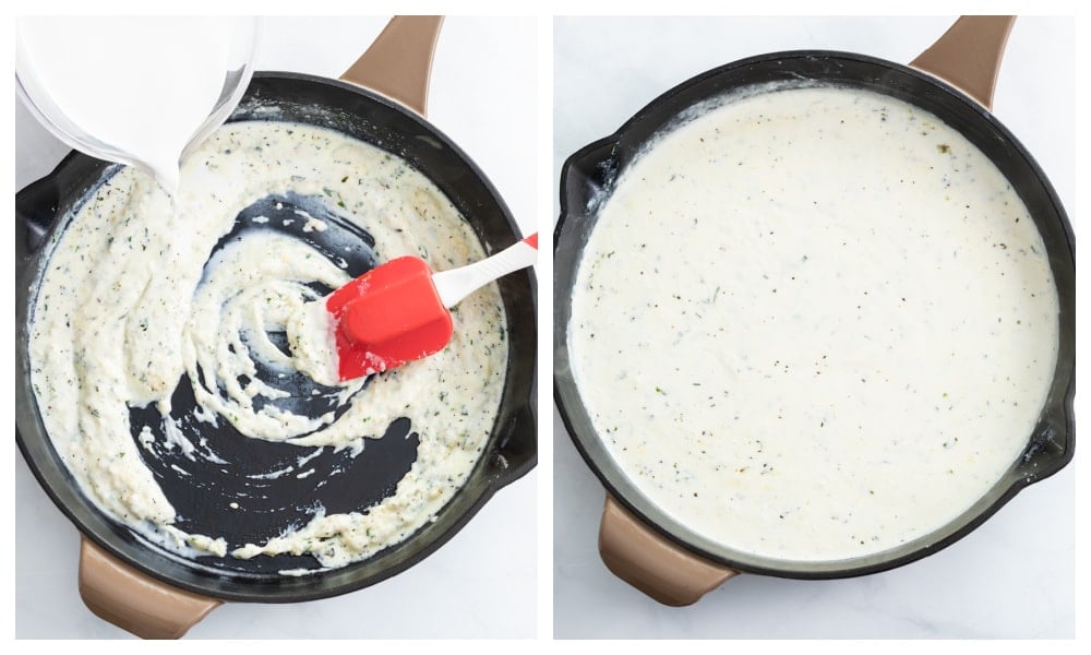 Adding half and half to a roux to make Alfredo sauce.