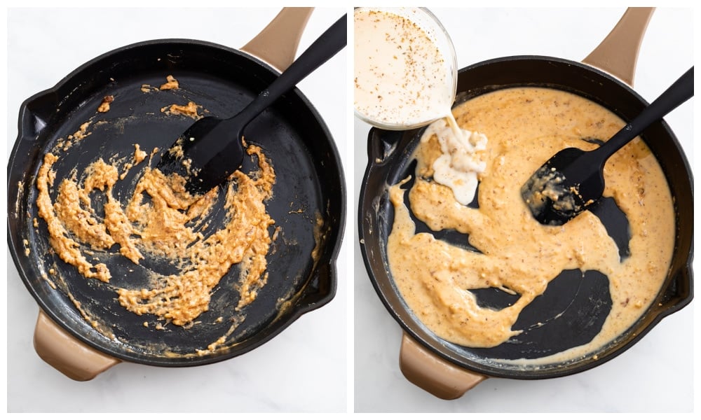Making a Cajun sauce in a skillet with garlic, seasonings, cream, and broth.